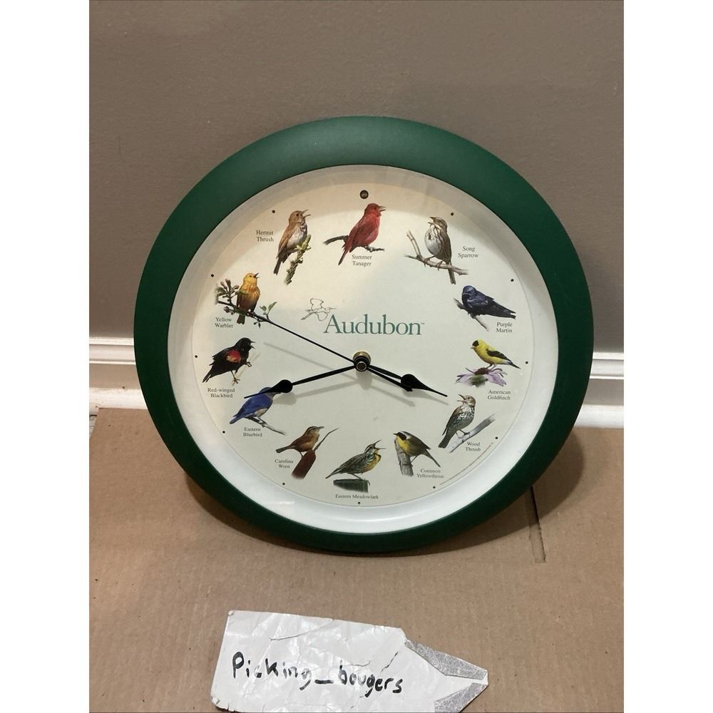 Audubon Society 12 Singing Bird Sounds Wall Clock 13.5" Green Tested WORKS